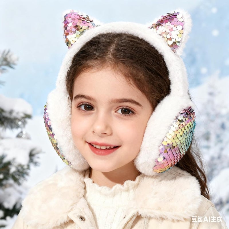 EDCYF Ear Muffs Gloves Set for Kids Girls Winter Ear Muffs Adjustable Sequins Warm Earmuffs Furry Outdoor - Image 2